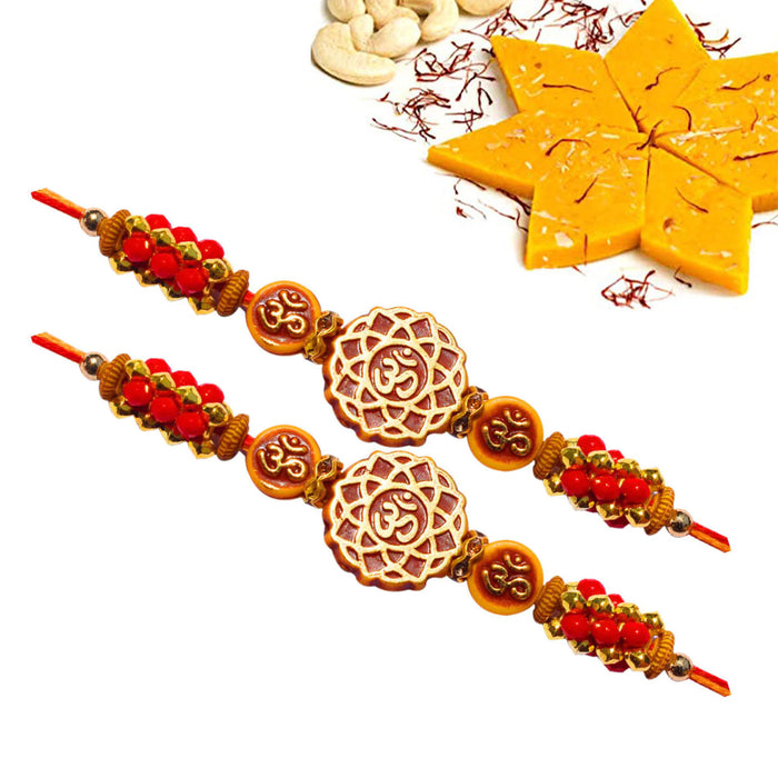 2 Rakhi - Om Rakhi Set With Kesar Kaju Katli Or Chocolates