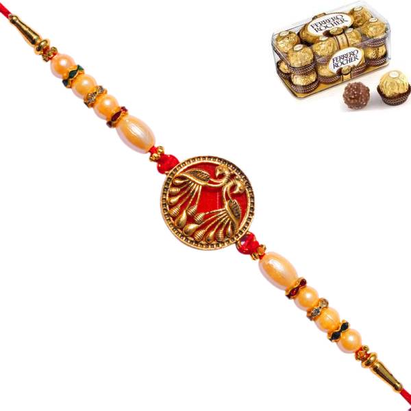 1 Rakhi - Red Peacock Rakhi With Ferrero Rocher Chocolate or Kaju Katli