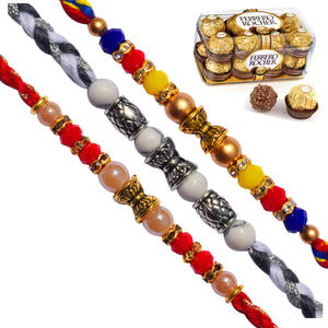 3 Rakhi - AD Pearls and Beads Rakhis With Chocolates Or Kaju Katli