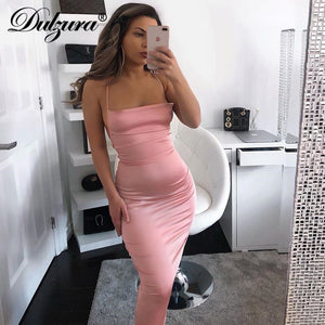 Dulzura Neon Satin Lace Up Women Long Midi Dress Bodycon Backless Elegant Party Sexy Club Clothes Summer Dinner Outfit