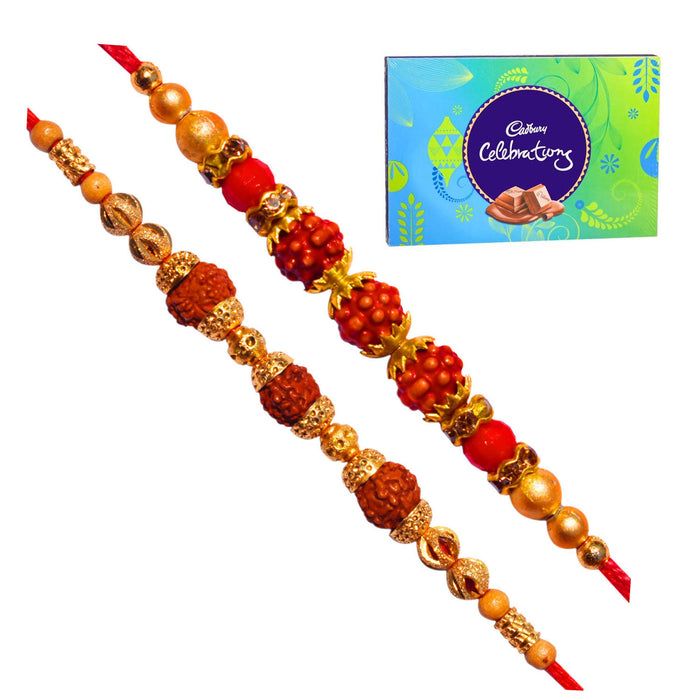 2 Rakhi - Rudraksh Rakhi Set with Cadbury Celebration Chocolate Box (130Gms)