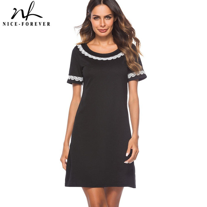 Elegant Brief Black Color Round Neck With Lace Vestidos Short Sleeve Work Women Straight Shift Summer Dress