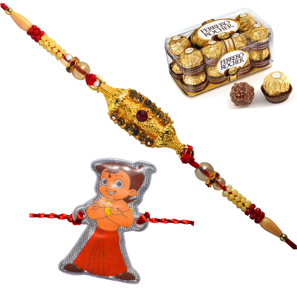2 Rakhi - Fancy Rakhi, and Kids Rakhi With Ferrero Rocher Chocolates or Kaju Katli