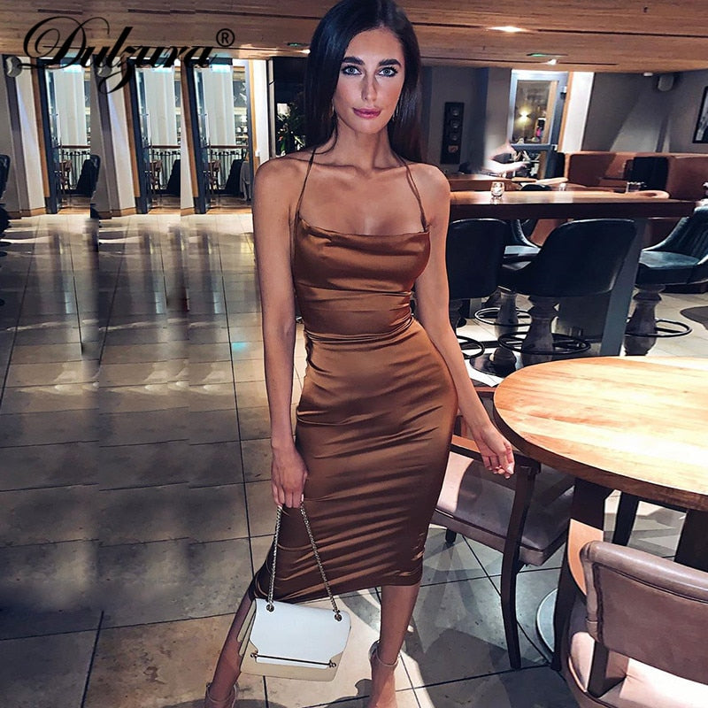 Dulzura Neon Satin Lace Up Women Long Midi Dress Bodycon Backless Elegant Party Sexy Club Clothes Summer Dinner Outfit