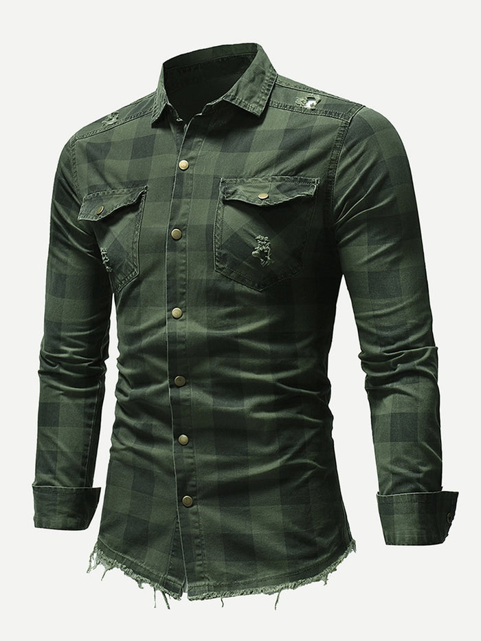 Men Ripped Detail Plaid Shirt