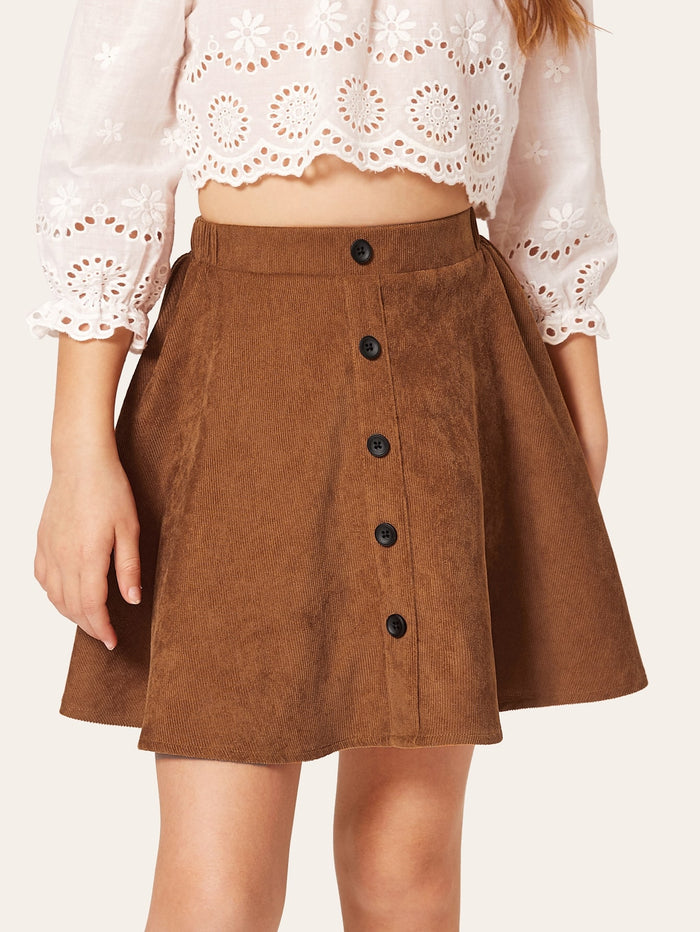 Girls Button Front Cord Skirt