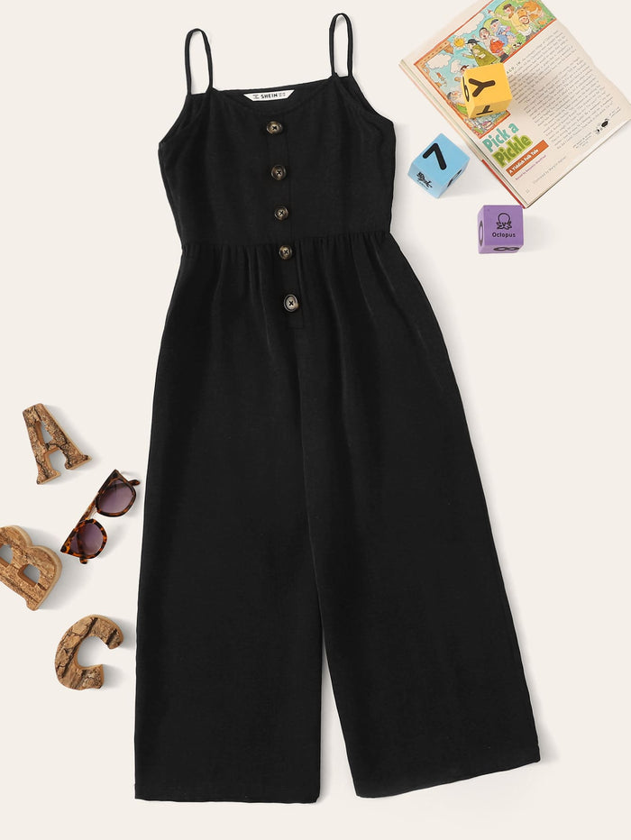 Girls Button Front Wide Leg Cami Jumpsuit