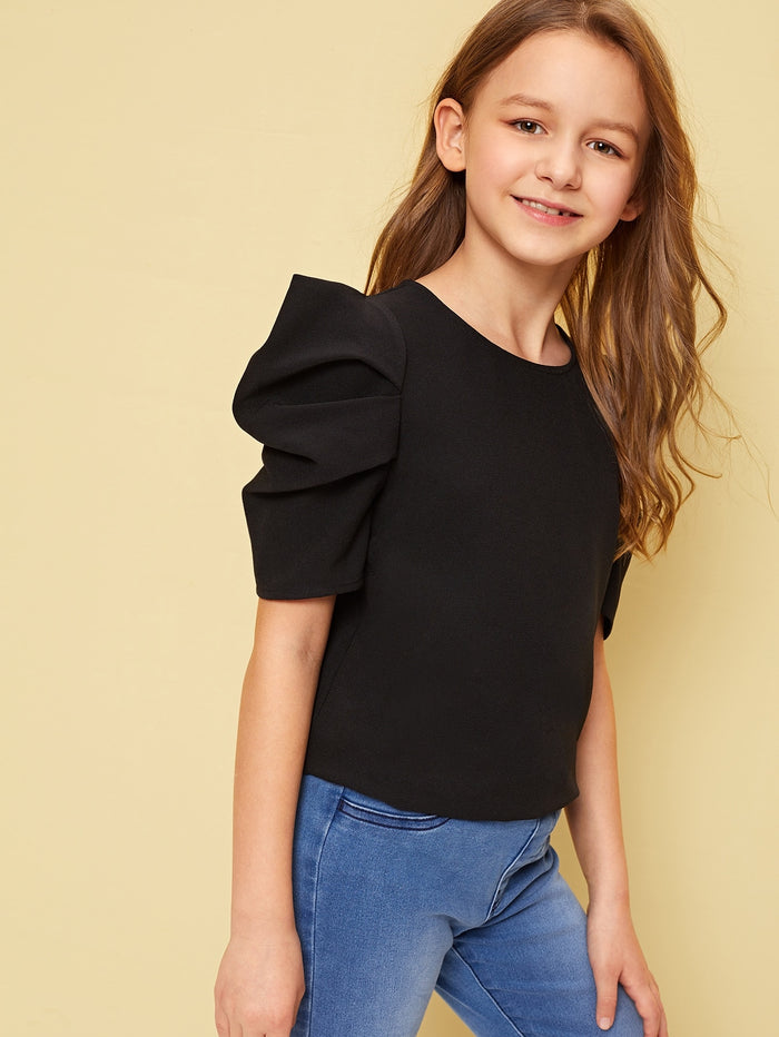 Girls Pleated Puff Sleeve Solid Top Black