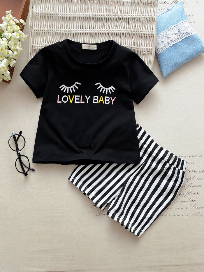 Toddler Girls Eyelash And Letter Print Tee & Striped Shorts
