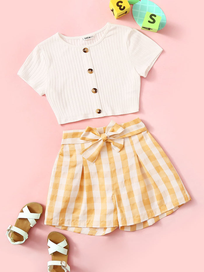 Girls Button Up Ribbed Tee & Belted Gingham Shorts Set Multicolor