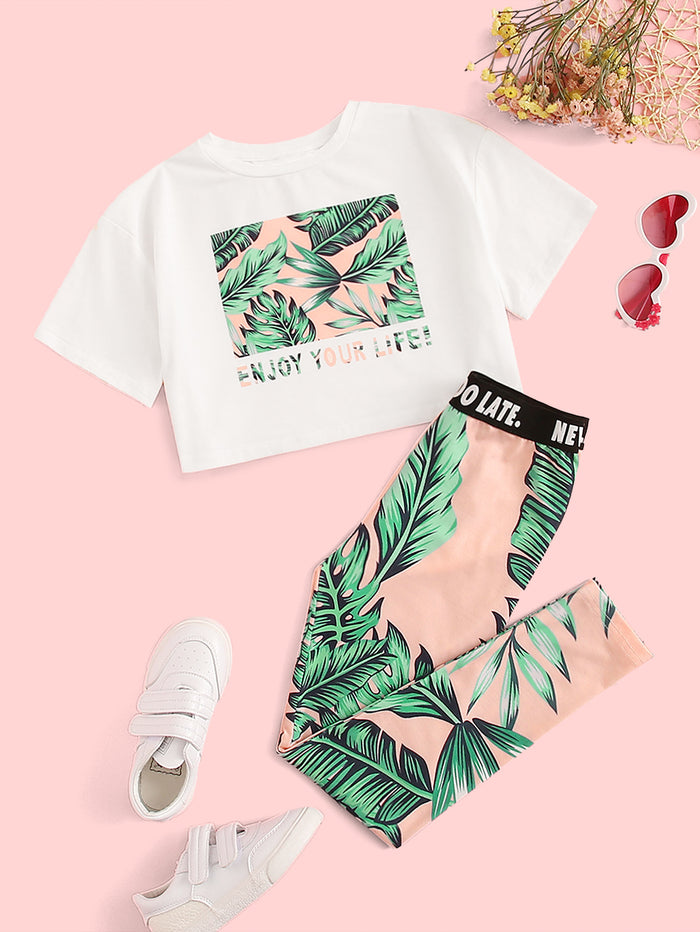 Girls Jungle Print Tee & Letter Tape Leggings Set Multicolor