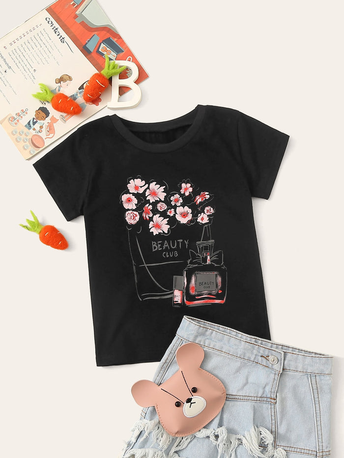 Toddler Girls Floral & Letter Print Tee