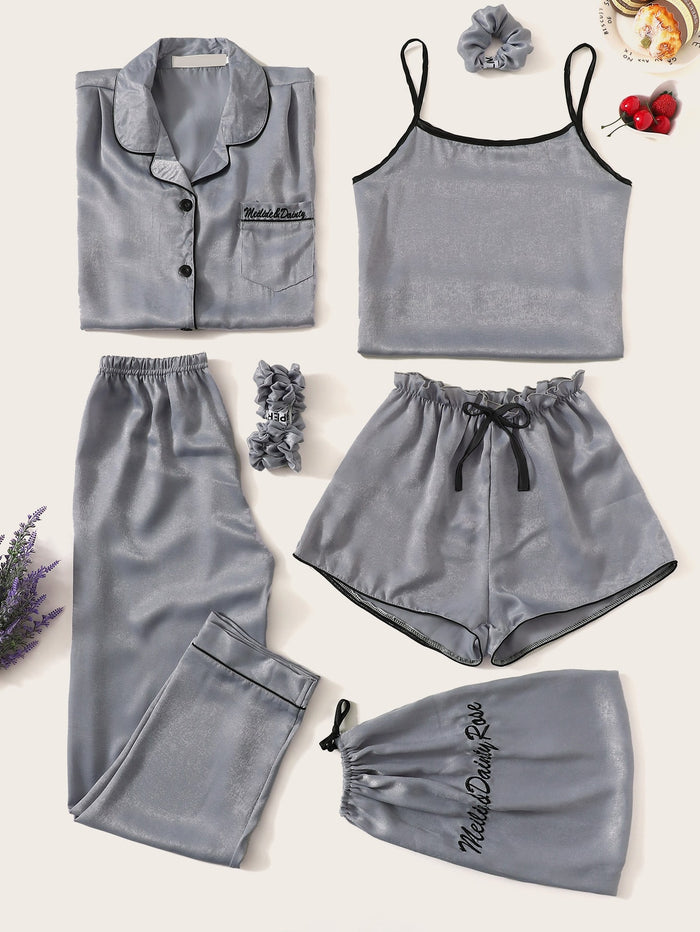 7pcs Letter Embroidered Satin Pajama Set