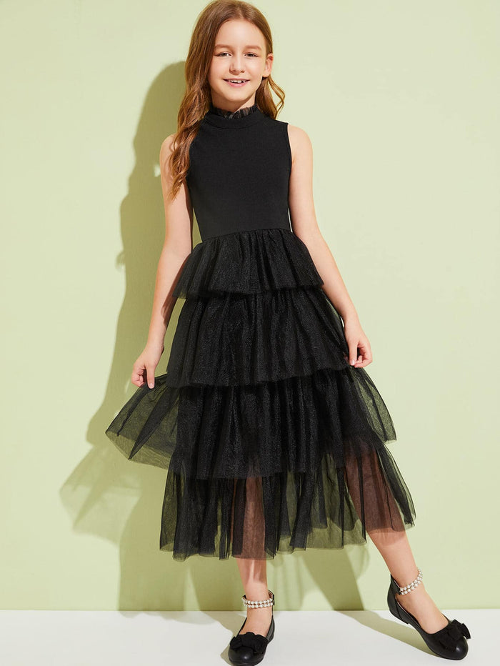 Girls Mock Neck Ruffle Layered Mesh  Dress