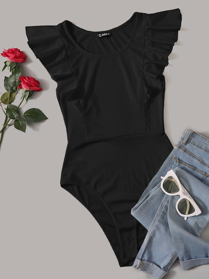 Ruffle Trim Round Neck Bodysuit Black