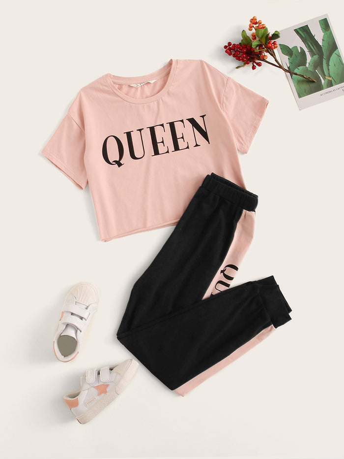 Girls Letter Graphic Top & Contrast Side Sweatpants Set Multicolor