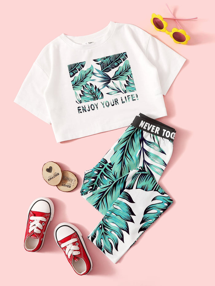 Girls Jungle Print Tee & Letter Tape Leggings Set Multicolor
