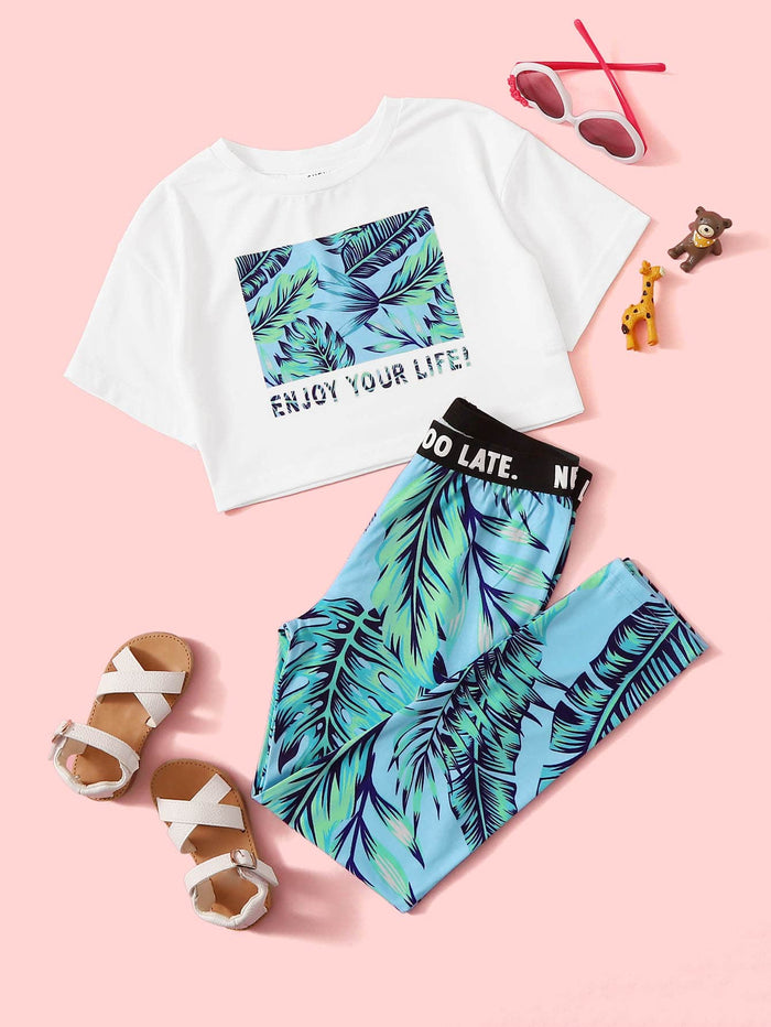 Girls Jungle Print Tee & Letter Tape Leggings Set Multicolor