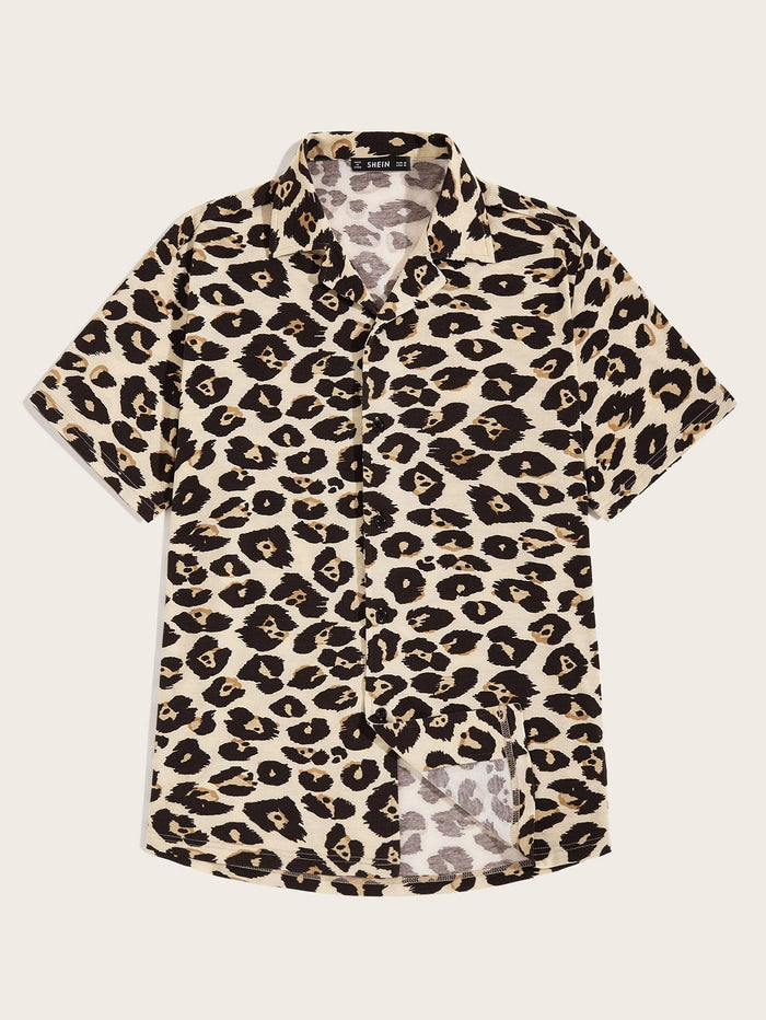 Men Leopard Print Revere Collar Shirt