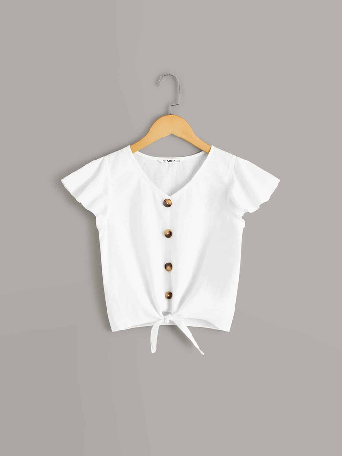 Girls Buttoned Front Knot Hem Top White