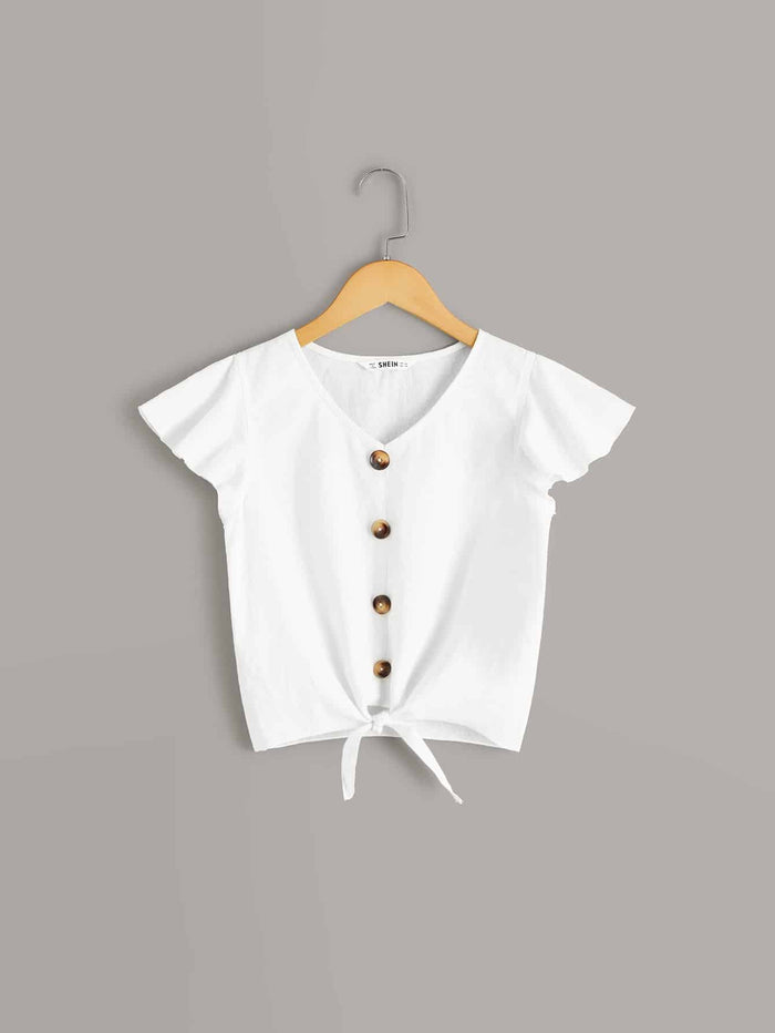 Girls Buttoned Front Knot Hem Top White