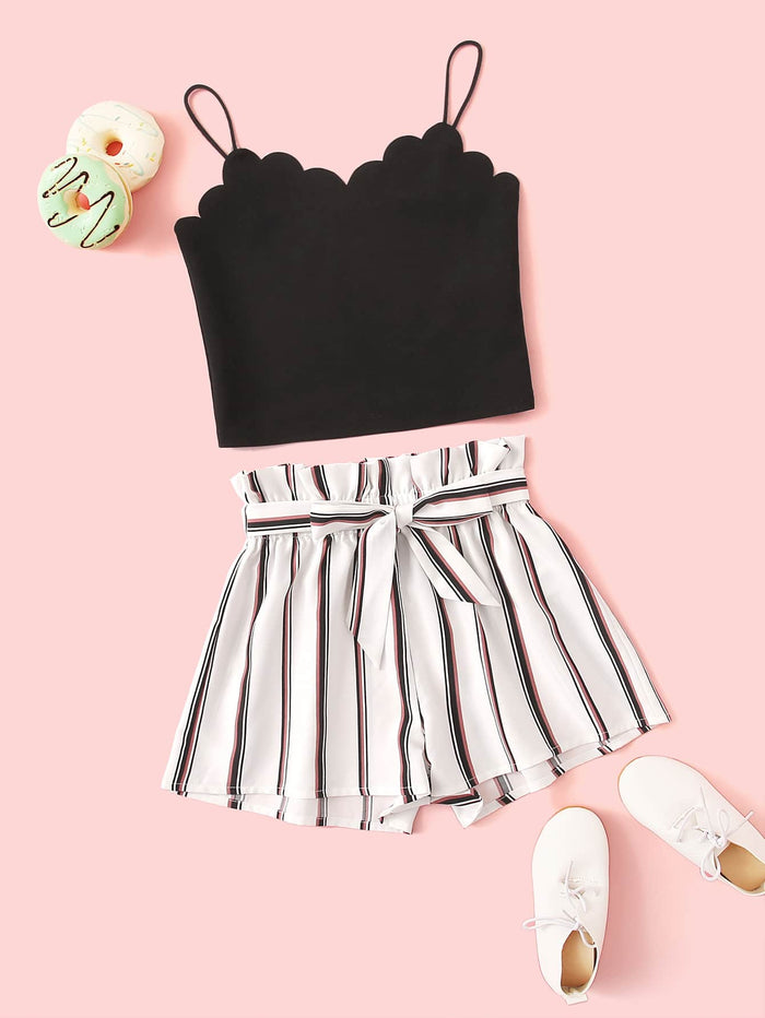 Girls Scallop Trim Cami Top & Paperbag Waist Belted Shorts Set Black and White