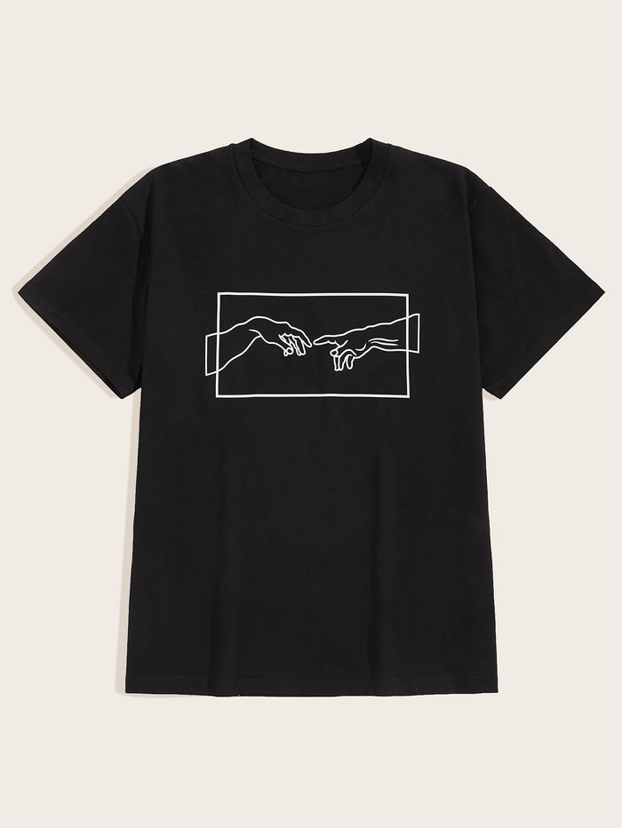Men Hands Print Short Sleeve Tee Black