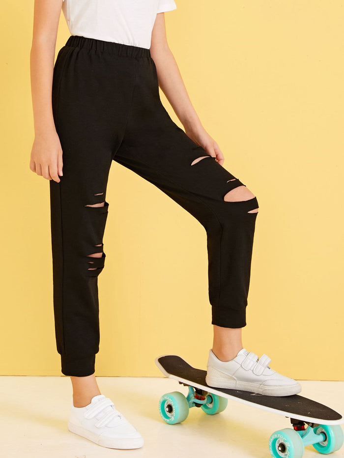 Girls Solid Ripped Sweatpants