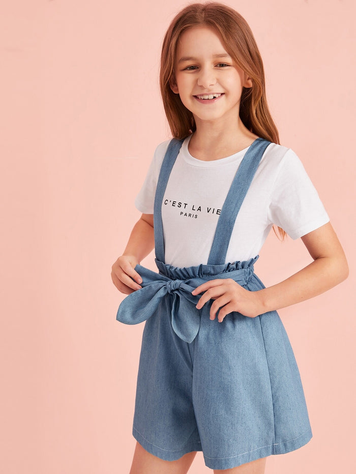 Girls Paperbag Waist Denim Pinafore Shorts