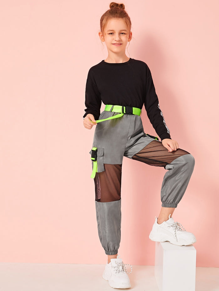 Girls Buckle Belted Flap Pocket Patched Mesh Insert Wind Pants