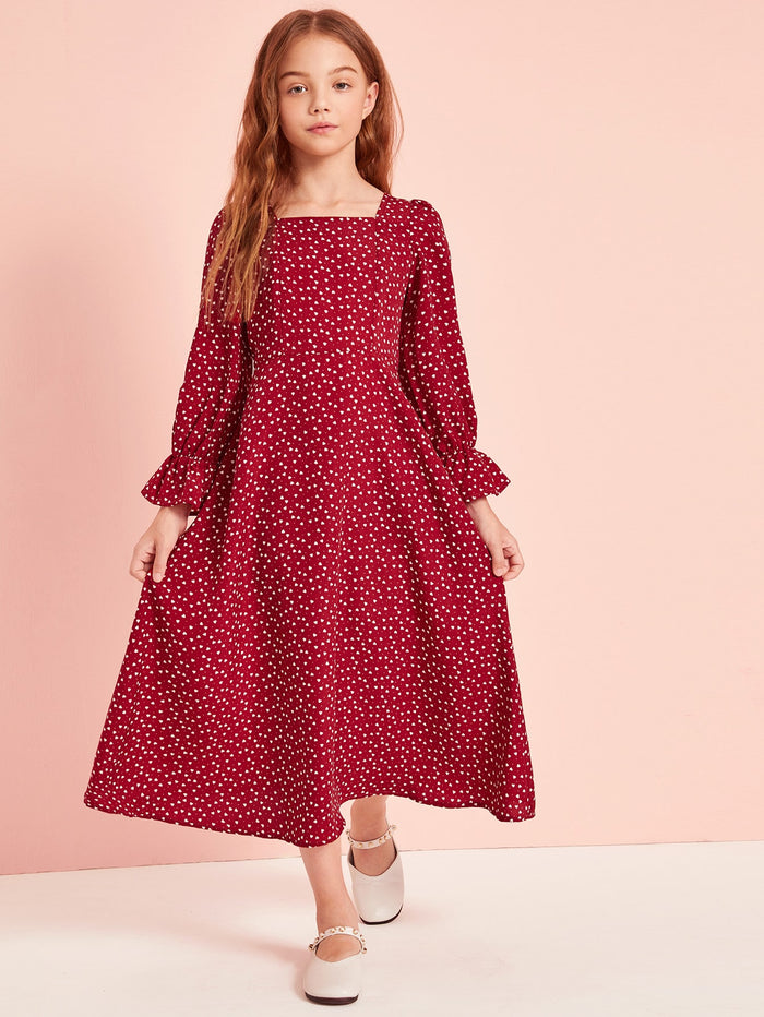Girls Confetti Heart Print Flounce Sleeve Dress