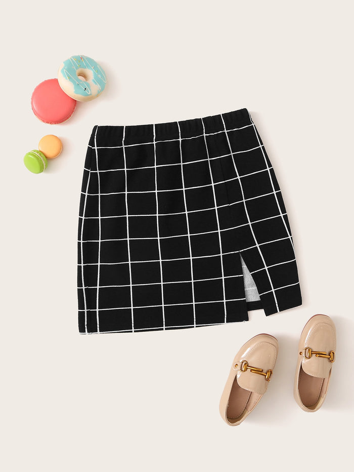Girls Split Hem Grid Skirt Black