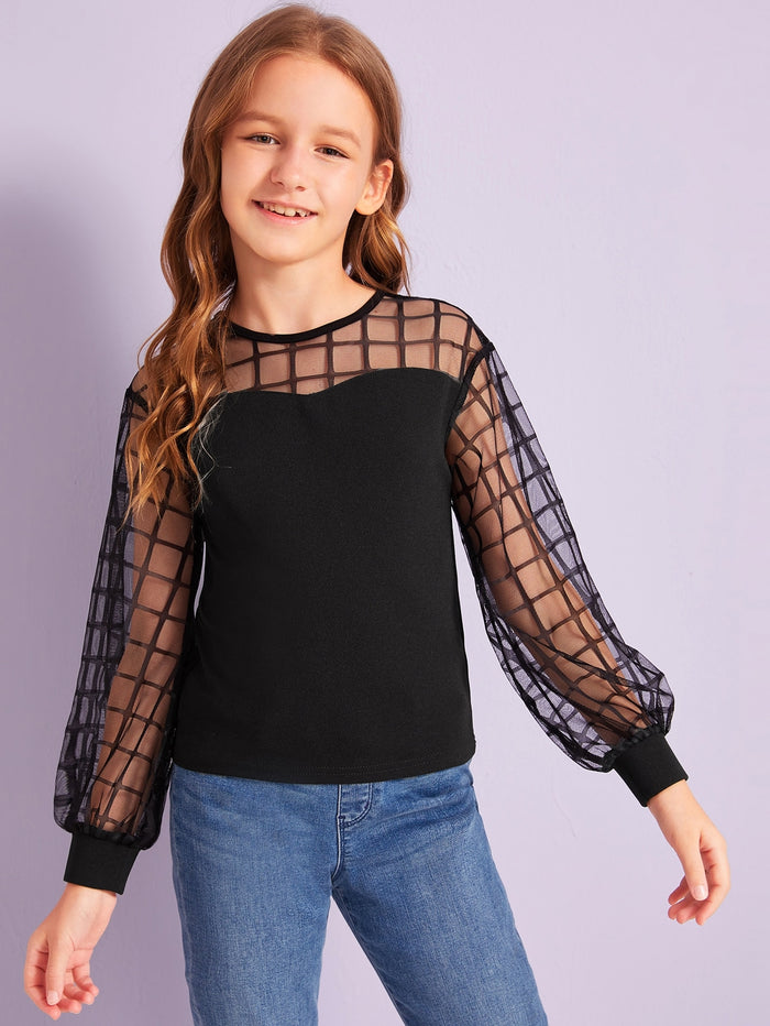 Girls Grid Mesh Shoulder Top Black