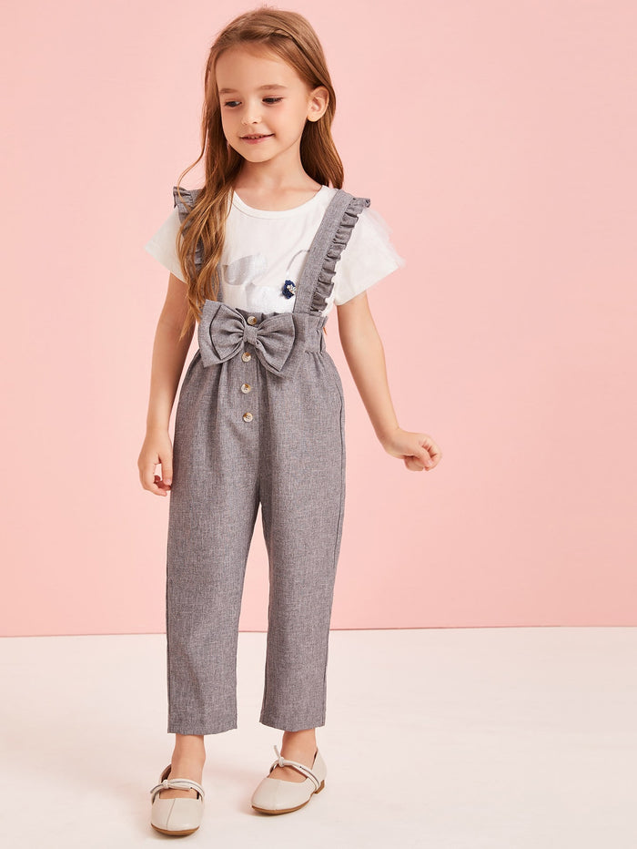 Toddler Girls Bow Front Frill Trim Jumpsuit
