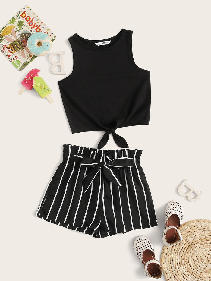 Girls Tie Hem Tank Top & Paperbag Waist Knot Detail Striped Shorts Set Black