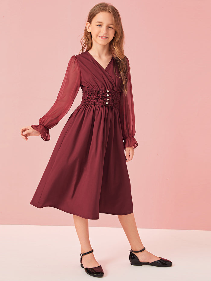Girls Chiffon Sleeve Buttoned Shirred Waist Dress