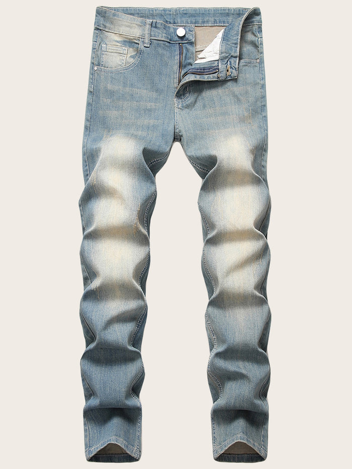 Men Button Fly Washed Jeans
