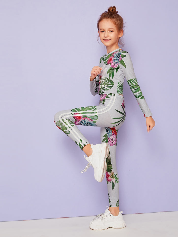 Girls Tropical Print Top & Striped Tape Side Leggings Set