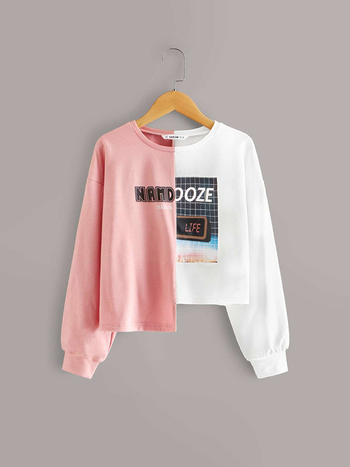 Girls Graphic Print Stepped Hem Two Tone Sweatshirt