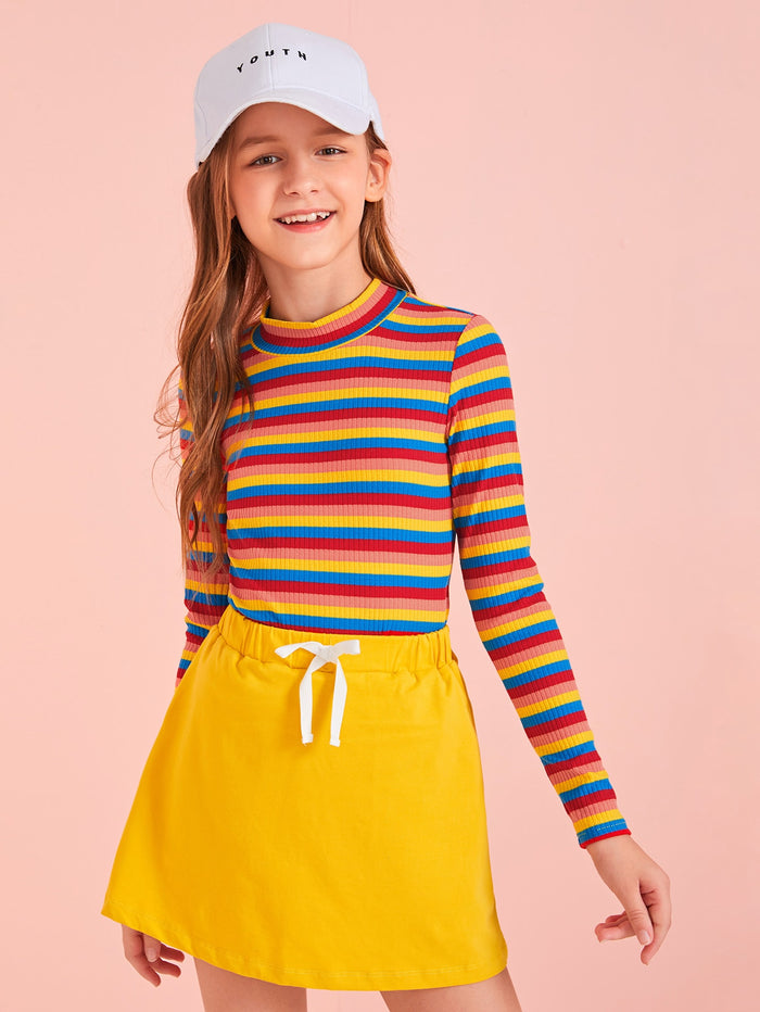 Girls Rainbow Striped Rib-knit Fitted Tee