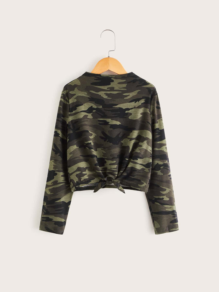 Girls Boat Neck Tie Hem Camo Tee Multicolor