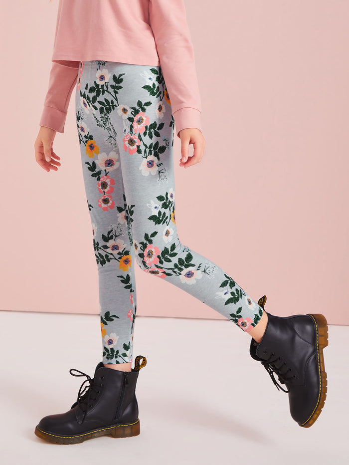 Girls Elastic Waist Floral Print Leggings