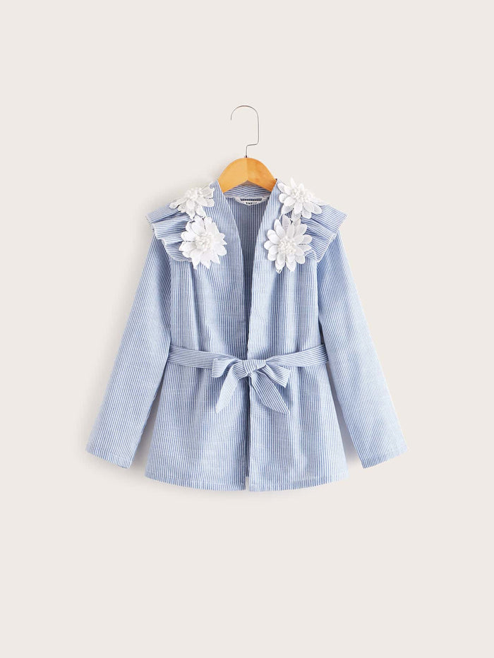 Girls Ruffle Trim Applique Detail Striped Belted Coat