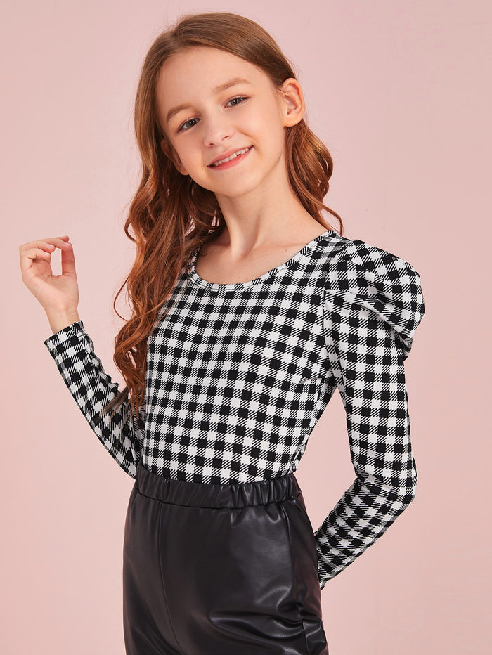 Girls Gingham Print Leg-of-mutton Sleeve Top Black and White