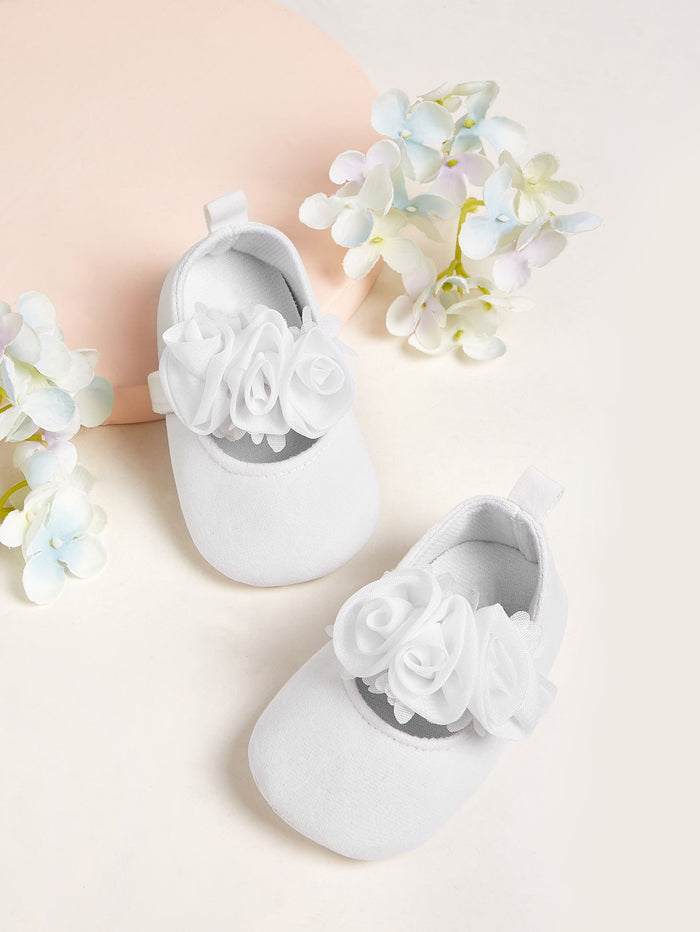 Baby Girl Flower Decor Velcro Strap Flats White