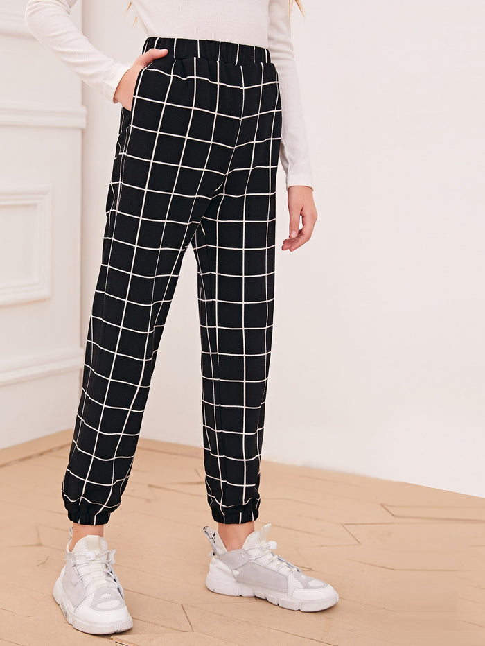 Girls Elastic Waist Grid Carrot Pants