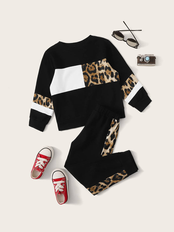 Toddler Girls Contrast Leopard Panel Sweatshirt & Sweatpants