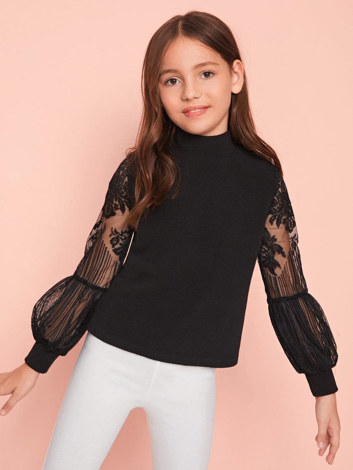 Girls Lace Lantern Sleeve Zip Back Top