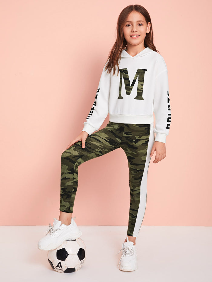 Girls Drop Shoulder Letter Hoodie & Camo Leggings Set