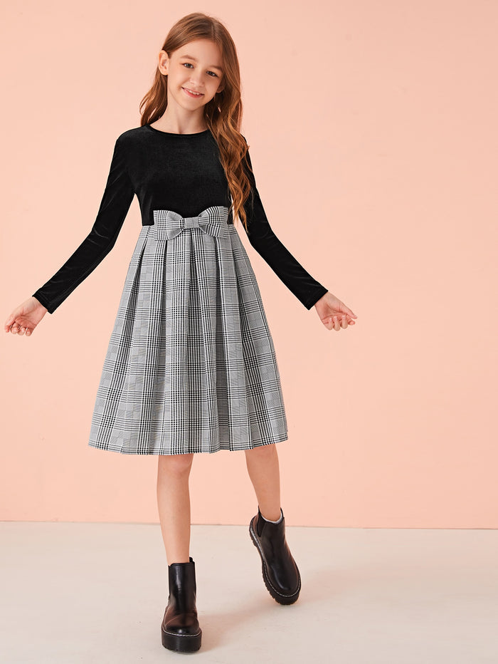 Girls Velvet Bodice Bow Detail Plaid Combo Dress